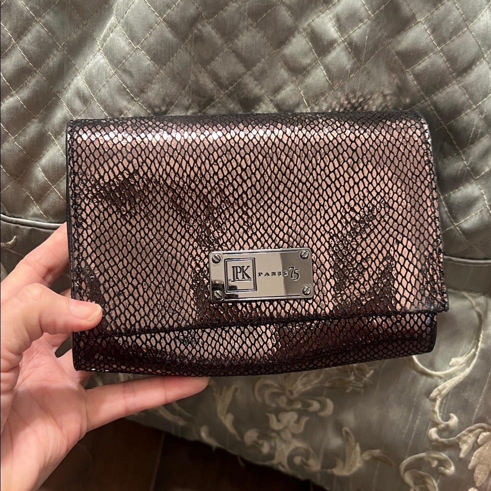 JPK Paris 75 Clutch  Bag Brown Metallic Snake Design Glamour Small